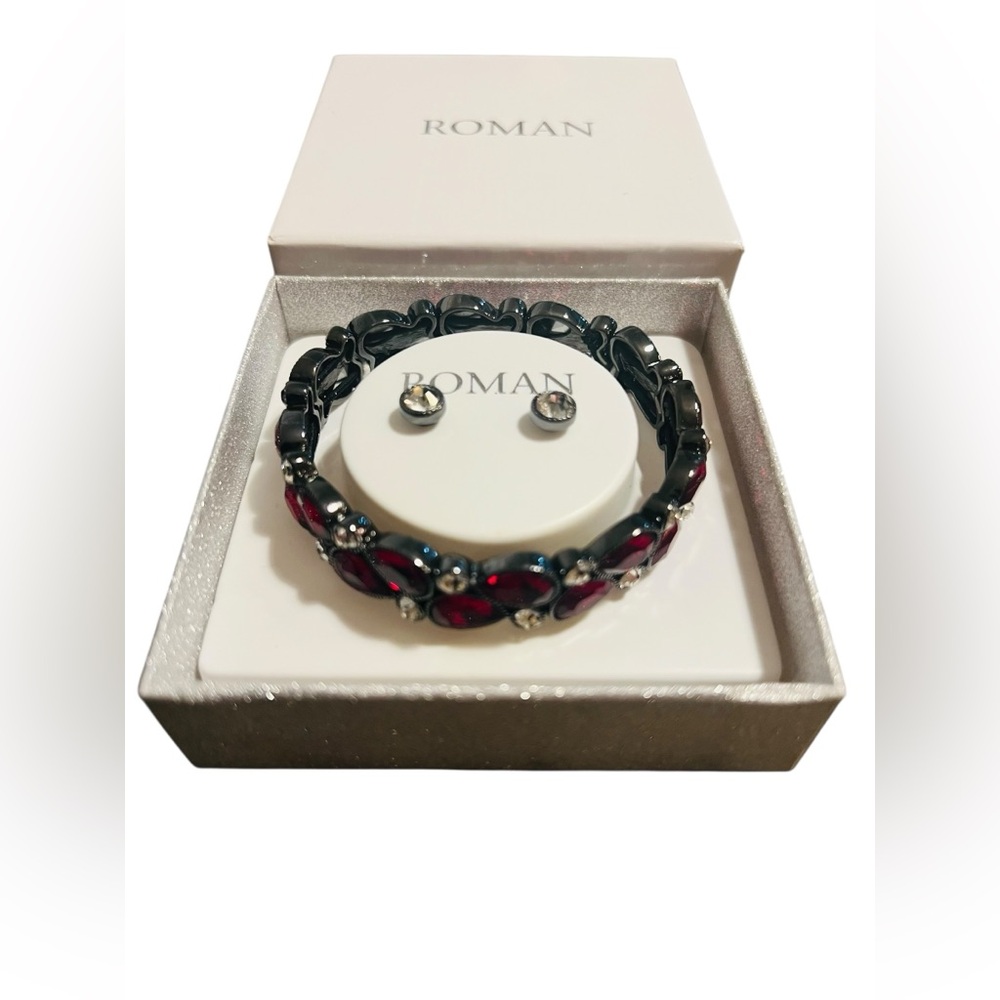 Roman Scarlet Teardrop Crystal Stretch Bracelet with Clear Accents - Picture 5 of 6